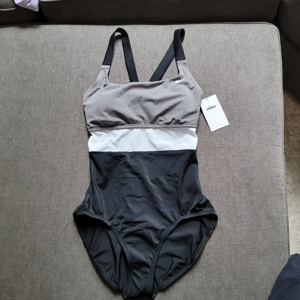 Nike Women's Gray, White & Black Racerback One Piece Swimsuit Size Large